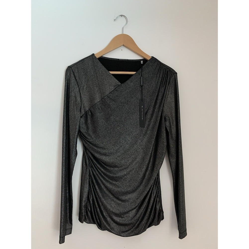 ELIE TAHARI Lana Knit Top Sz M Metallic Faux Wrap V-Neck Long Sleeve Party‎ Rock